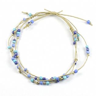 Handmade 3 String Adjustable Blue Bead Surf Anklet