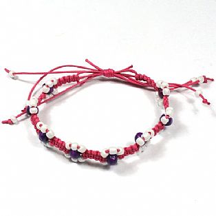 Handmade Macrame Flower Adjustable Pink Bead Surf Anklet with Waxed Cotton Cord