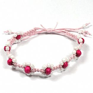 Handmade Macrame Flower Adjustable Pink Bead Surf Anklet with Waxed Cotton Cord