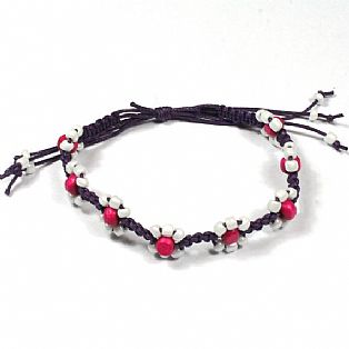 Handmade Macrame Flower Adjustable Pink Bead Surf Anklet with Waxed Cotton Cord