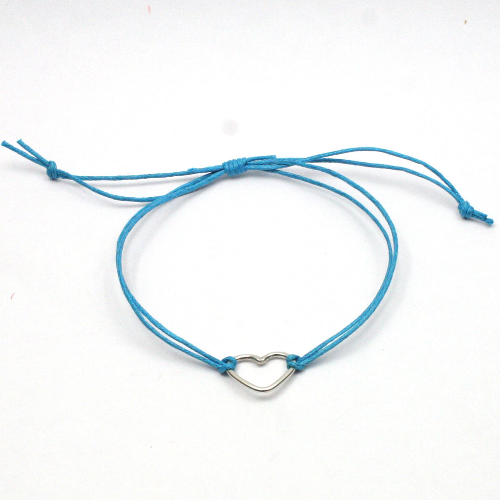 Solid Silver 925 Handmade Heart Charm and Cotton Cord Wristband / Bracelet