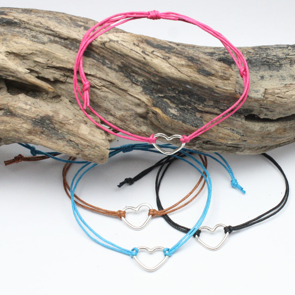Solid Silver 925 Handmade Heart Charm and Cotton Cord Wristband / Bracelet
