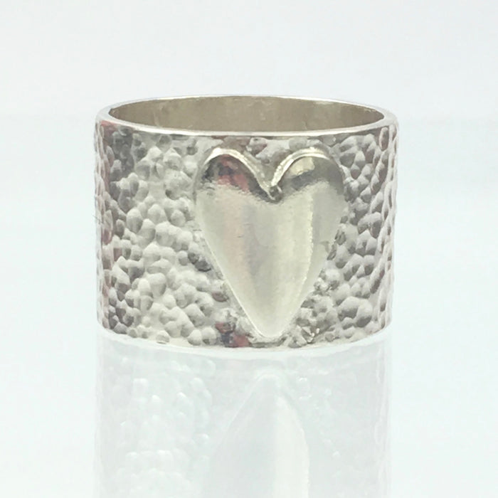 Handmade Chunky Fine Hammered 13mm Solid Silver 925 Band Ring with a Heart Hallmarked