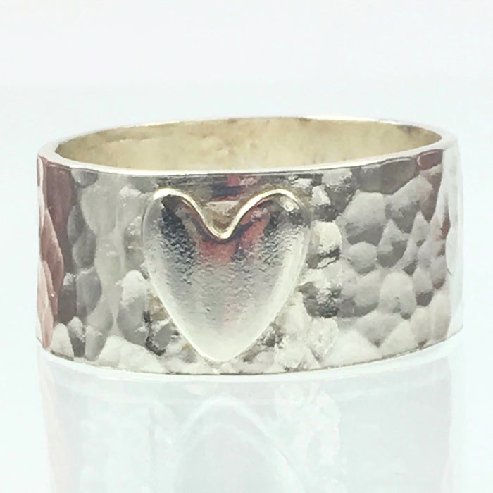 Handmade Chunky Hammered 10mm Solid Silver 925 Band Ring with a Heart Hallmarked