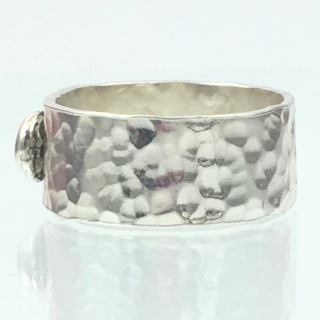 Handmade Chunky Hammered Wide 8mm Solid Silver 925 Band Ring with a Solid Silver Blob Hallmarked