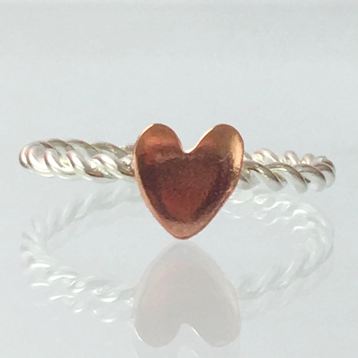 Handmade Solid Silver 925 Spiral Stacking Ring with Copper Heart