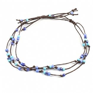 Handmade 3 String Adjustable Blue Bead Surf Anklet