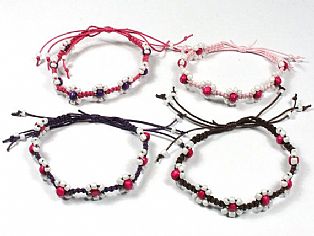 Handmade Macrame Flower Adjustable Pink Bead Surf Anklet with Waxed Cotton Cord