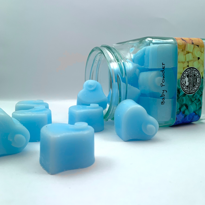 Jar of Blue Baby Powder Scented Heart Wax Melts