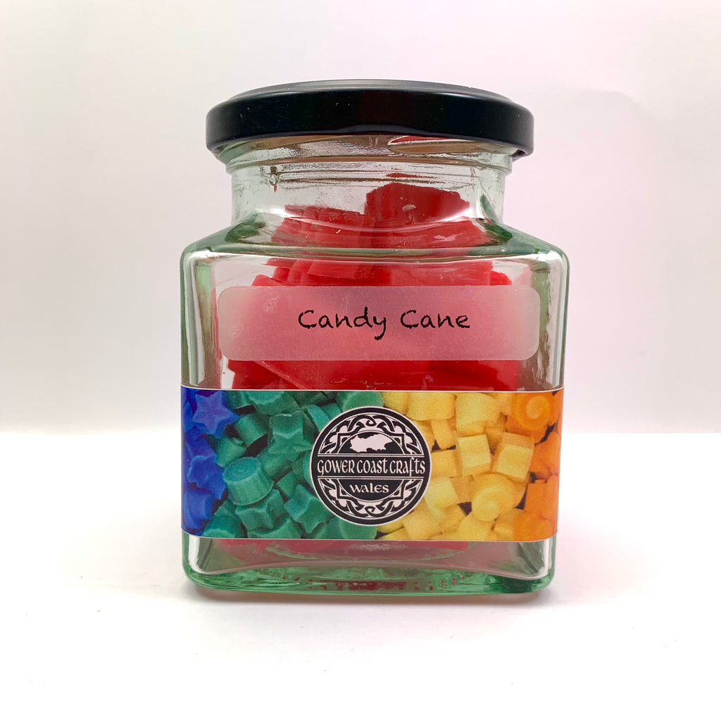 Jar of Candy Cane Scented Wax Melts in Christmas Shapes