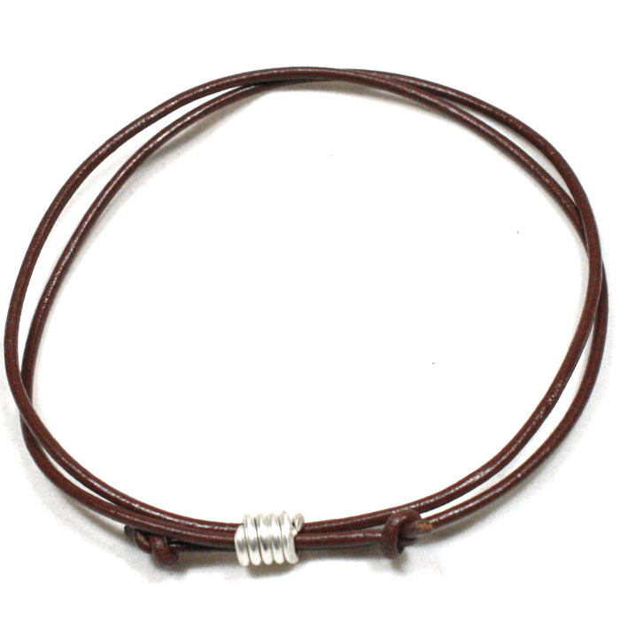 Solid Silver Spiral and Leather Cord Wristband / Bracelet