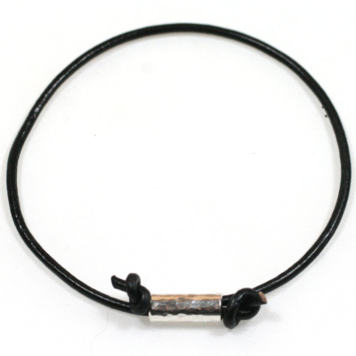 Solid Silver Hammered Tube and Leather Cord Anklet