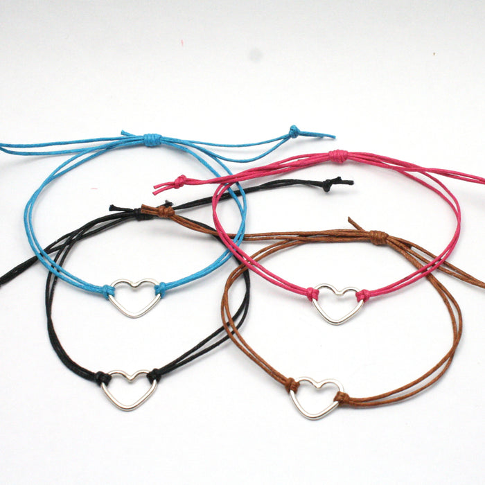 Solid Silver 925 Handmade Heart Charm and Cotton Cord Wristband / Bracelet