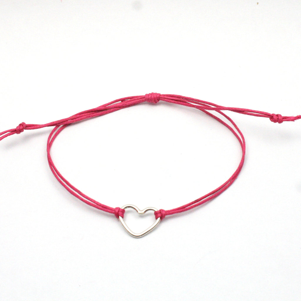 Solid Silver 925 Handmade Heart Charm and Cotton Cord Wristband / Bracelet
