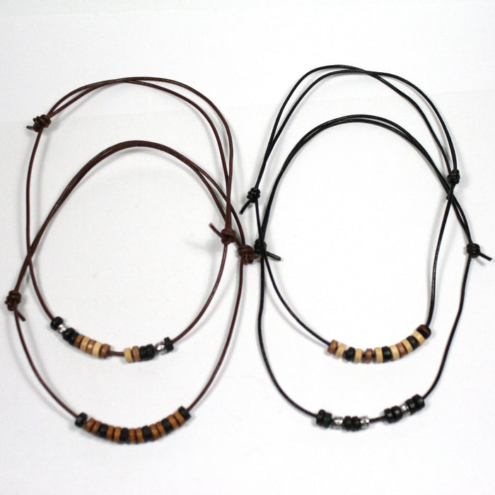 Brown or Black Leather and Bead Adjustable Tribal Surfer Necklace