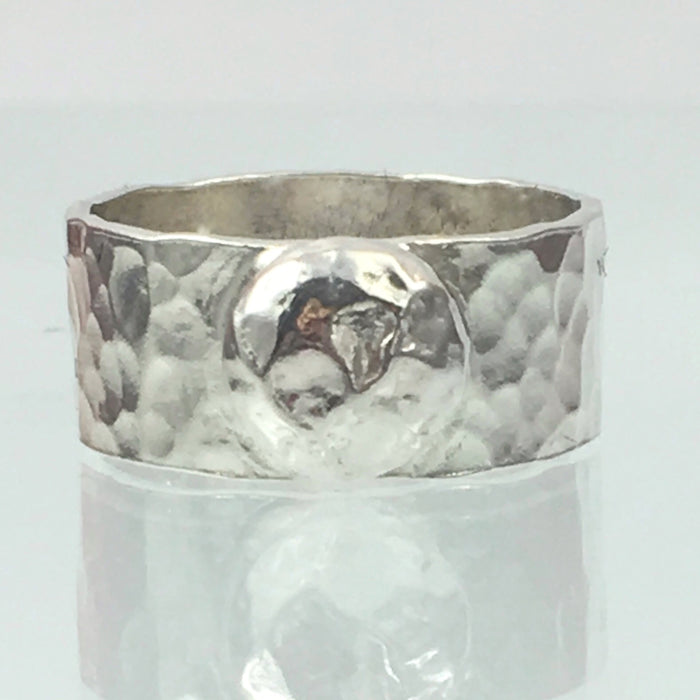 Handmade Chunky Hammered Wide 8mm Solid Silver 925 Ring with a Solid Silver Hammered Blob Hallmarked