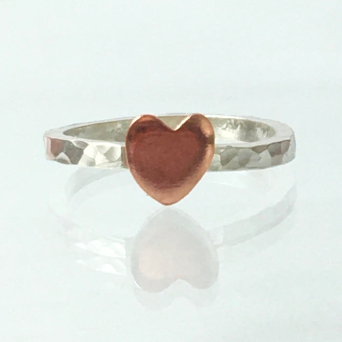 Handmade Solid Silver 925 2mm Square Hammered Stacking Ring with Copper Heart