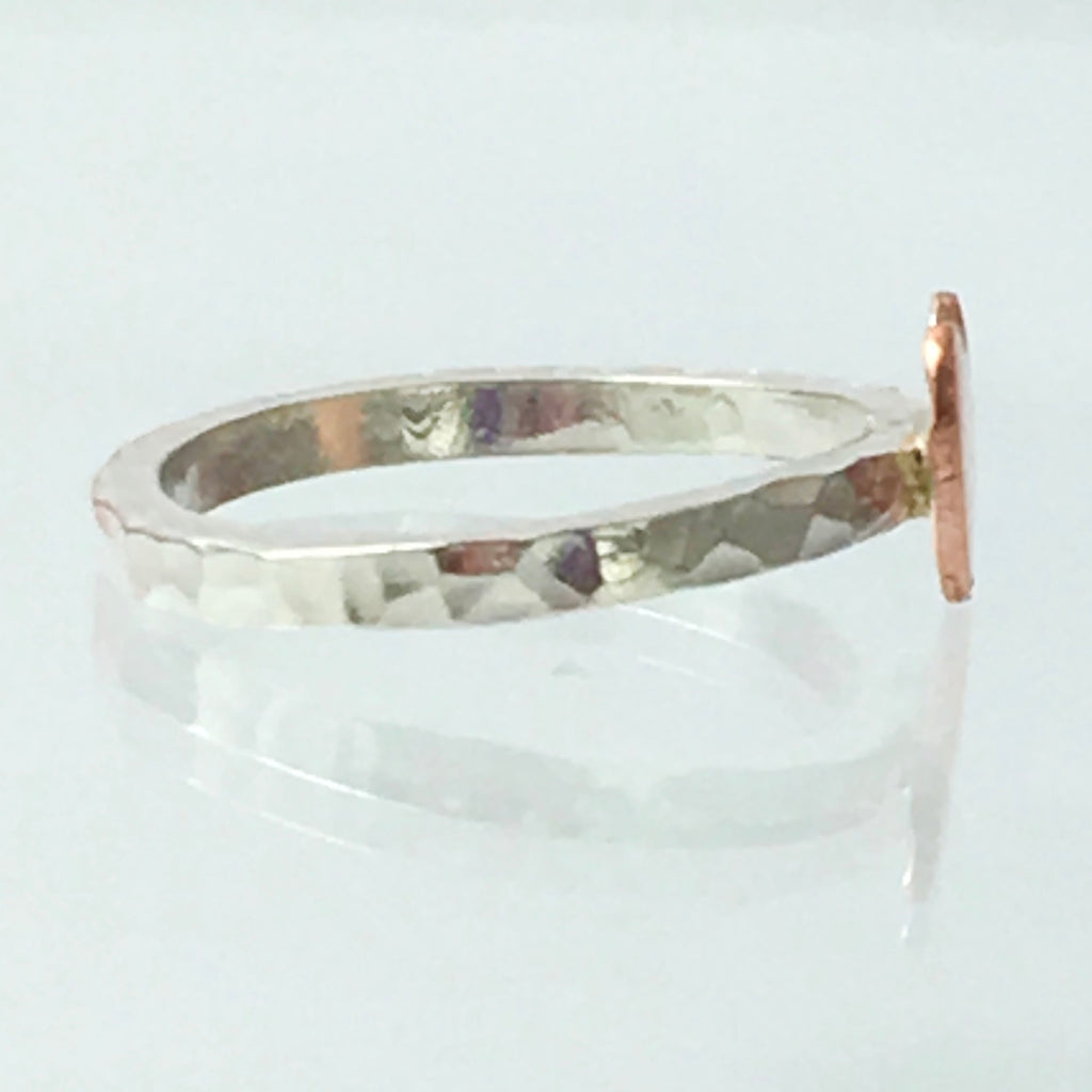 Handmade Solid Silver 925 2mm Square Hammered Stacking Ring with Copper Heart