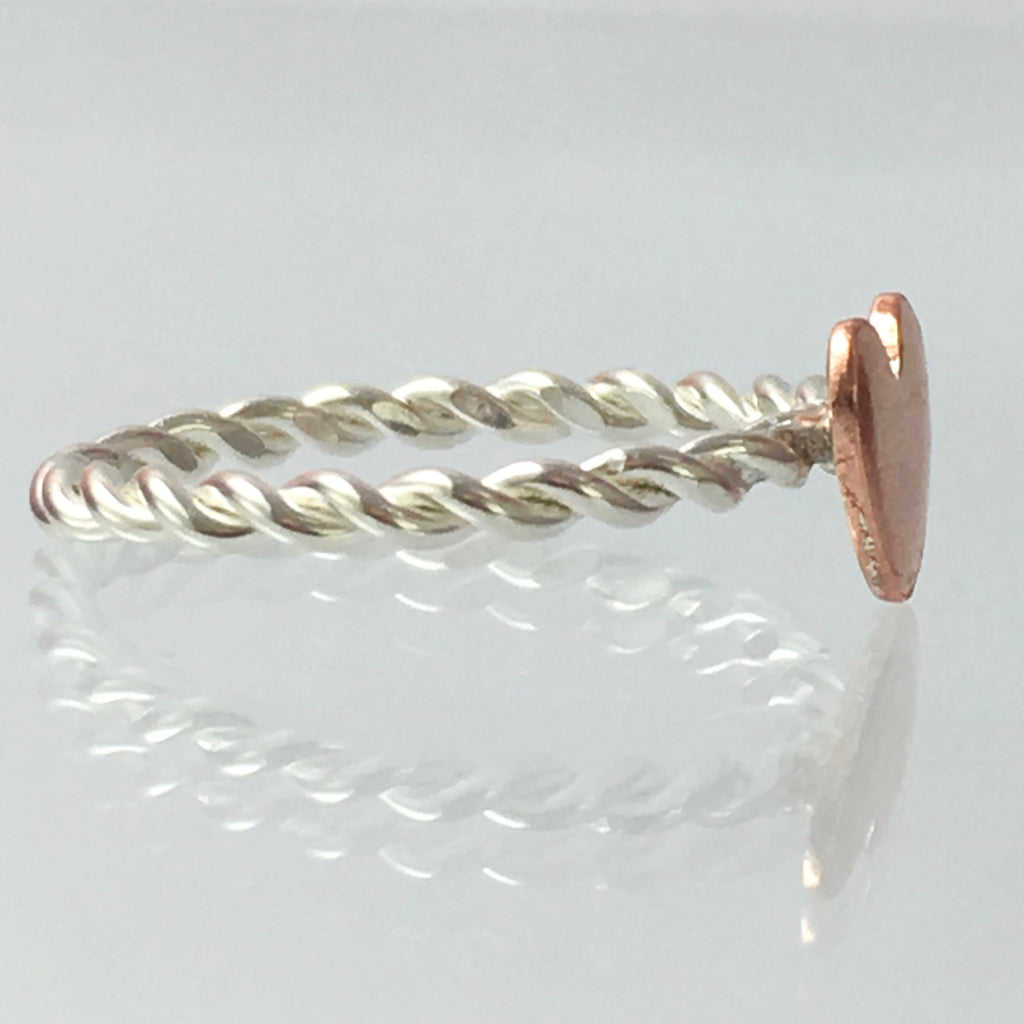 Handmade Solid Silver 925 Spiral Stacking Ring with Copper Heart