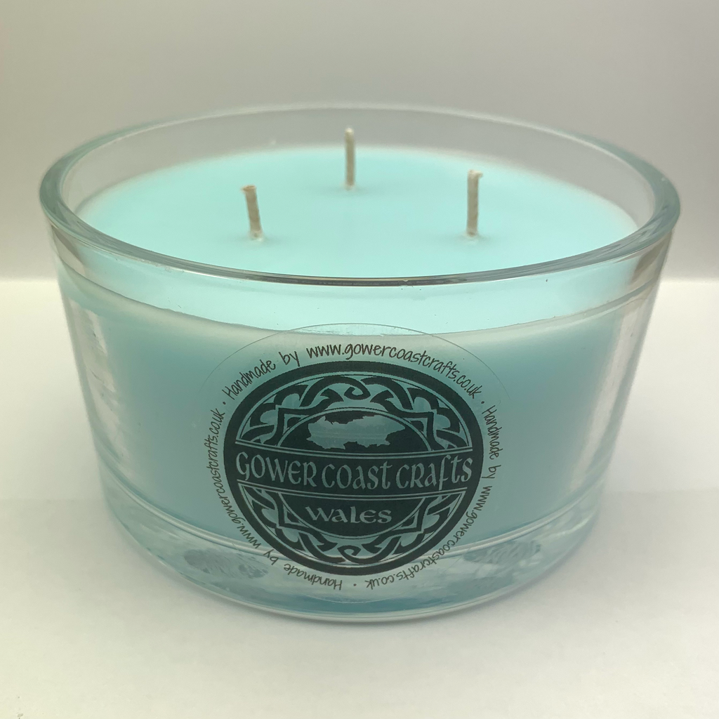 Comfortable Blue Handpoured Highly Scented 3 Wick Candle Jar
