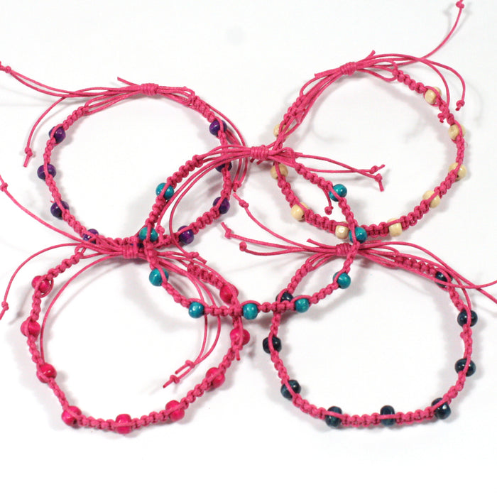 Tribal Hot Pink Macrame and Wooden Bead Wristband Bracelet