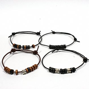 Mens / Ladies Brown or Black Leather and Bead Adjustable Tribal Surfer Bracelet / Wristband